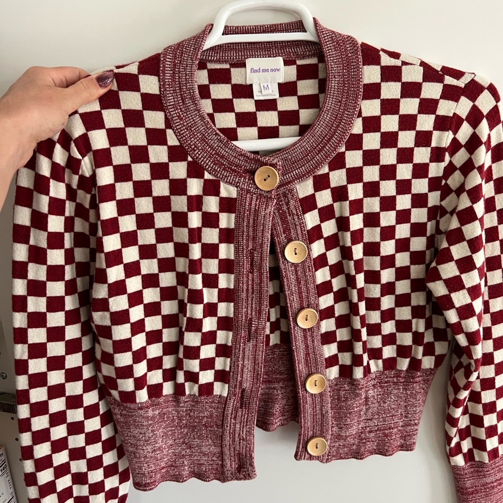 Red and White Checkerboard Cardigan Sweater